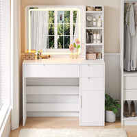 ES.SIKAIC Tocador de maquillaje Blanco / Madera de ingeniería / Moderno Tocador de Maquillaje con Iluminación y Espejo 3 Cajones, 3 Estantes y 1 Armario con Puerta Blanco