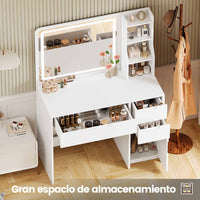 ES.SIKAIC Tocador de maquillaje Blanco / Madera de ingeniería / Moderno Tocador de Maquillaje con Iluminación y Espejo 3 Cajones, 3 Estantes y 1 Armario con Puerta Blanco