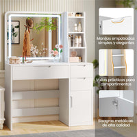 ES.SIKAIC Tocador de maquillaje Blanco / Madera de ingeniería / Moderno Tocador de Maquillaje con Iluminación y Espejo 3 Cajones, 3 Estantes y 1 Armario con Puerta Blanco