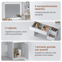 ES.SIKAIC Tocador de maquillaje Blanco / Madera de ingeniería / Moderno Tocador de Maquillaje con Iluminación y Espejo 3 Cajones, 3 Estantes y 1 Armario con Puerta Blanco