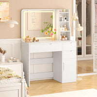 ES.SIKAIC Tocador de maquillaje Blanco / Madera de ingeniería / Moderno Tocador de Maquillaje con Iluminación y Espejo 3 Cajones, 3 Estantes y 1 Armario con Puerta Blanco