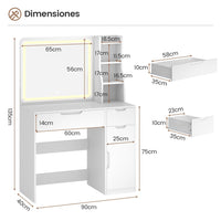 ES.SIKAIC Tocador de maquillaje Blanco / Madera de ingeniería / Moderno Tocador de Maquillaje con Iluminación y Espejo 3 Cajones, 3 Estantes y 1 Armario con Puerta Blanco