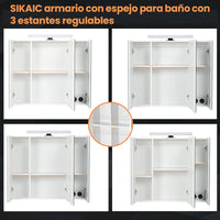 ES.SIKAIC Espejo Gabinete Blanco / Madera de ingeniería / Moderno Tres Puertas Armario con Espejo para Baño con Iluminación LED Enchufe y Interruptor de Luz Blanco