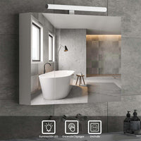 ES.SIKAIC Espejo Gabinete Blanco / Madera de ingeniería / Moderno Tres Puertas Armario con Espejo para Baño con Iluminación LED Enchufe y Interruptor de Luz Blanco