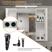 ES.SIKAIC Espejo Gabinete Blanco / Madera de ingeniería / Moderno Tres Puertas Armario con Espejo para Baño con Iluminación LED Enchufe y Interruptor de Luz Blanco